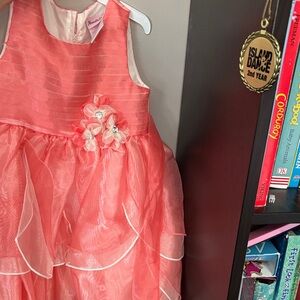 Coral Pink Sleeveless Dress with Floral Accents